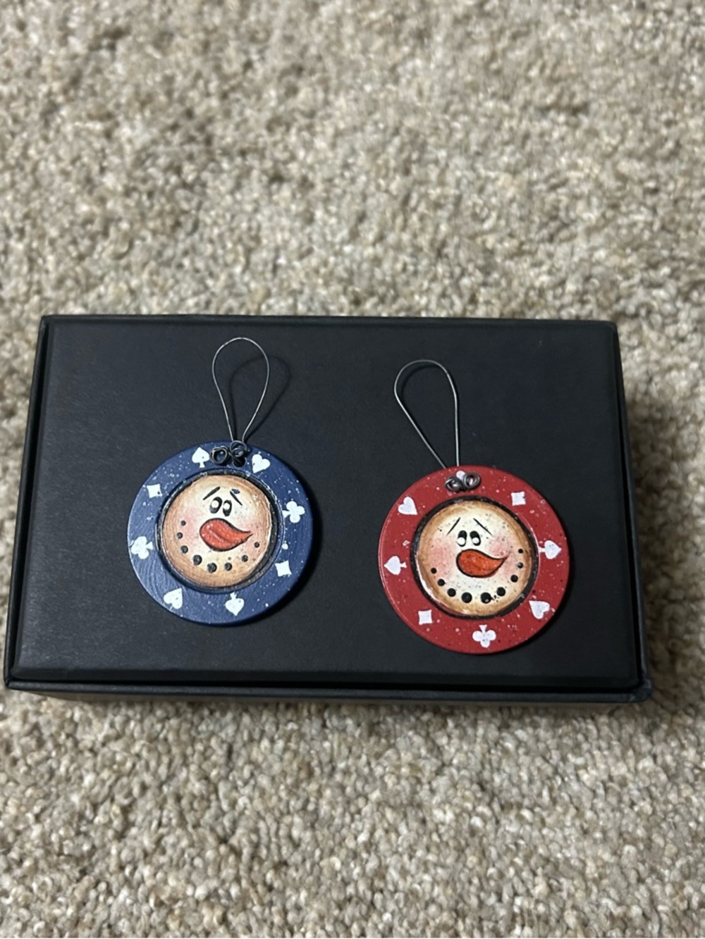 3/$10 Handcrafted Snowman Poker Chip Ornaments - Red & Blue